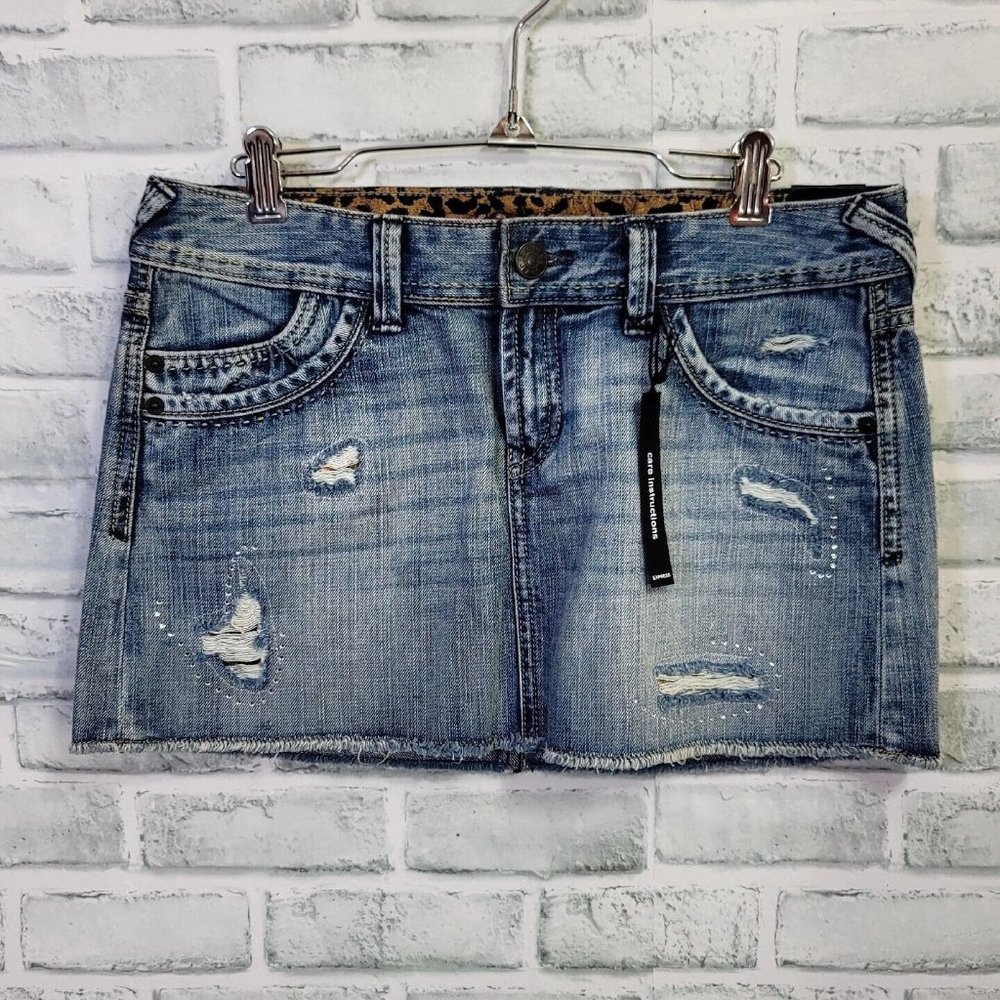 Express Womens 4 Jean Distressed Mini Denim Skirt Frayed Hem Leopard Accents